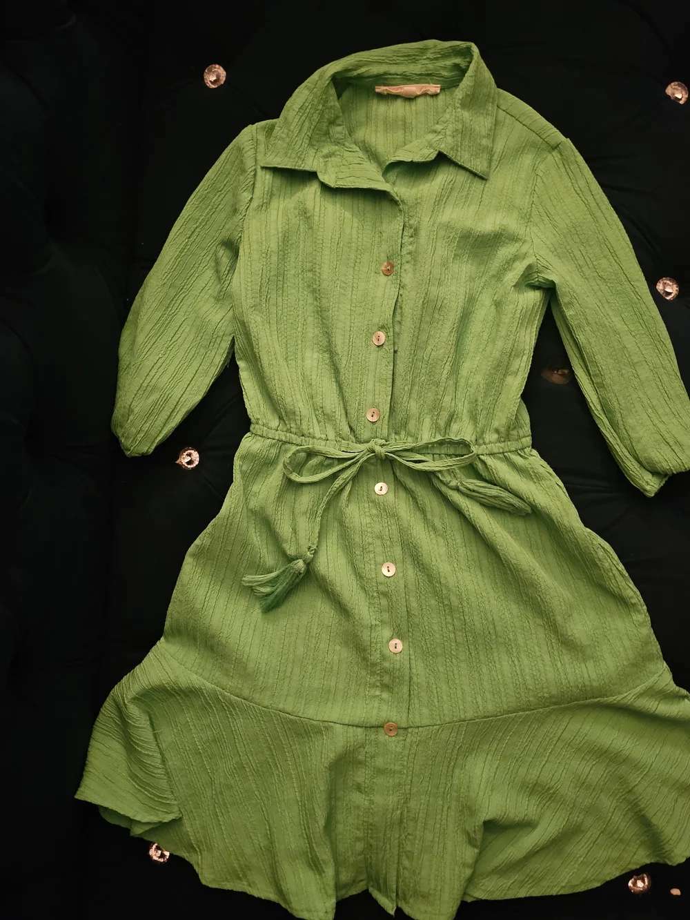 Blush Green Button-Front Midi Shirt Dress with Tie Waist Size S/7 Kids